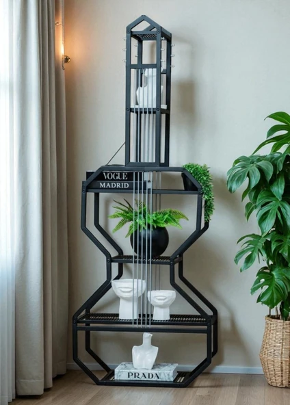 DEKORATİF SİYAH METAL KİTAPLIK RAFLI GİTAR ÜNİTE ÇOK AMAÇLI SALON OFİS DÜZENLEYİCİ - 1