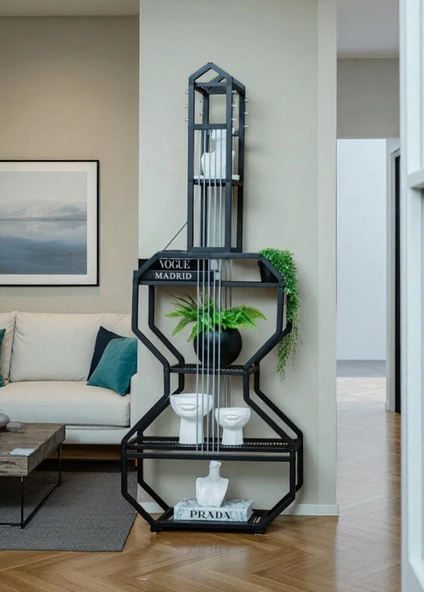 DEKORATİF SİYAH METAL KİTAPLIK RAFLI GİTAR ÜNİTE ÇOK AMAÇLI SALON OFİS DÜZENLEYİCİ - 6