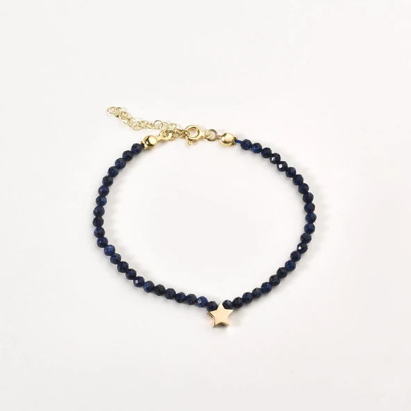 14 Ayar Altın Kaplama Lapis Lazuli Doğal Taşlı Yıldız Gümüş Bileklik - BGS00107 - 3