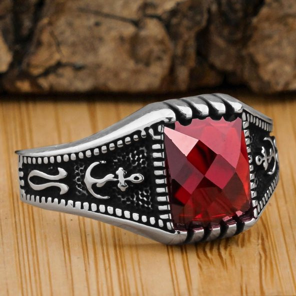 Kırmızı Zirkon Taşlı Denizci Çapa Tasarımlı 925 Ayar Gümüş Yüzük ürün görseli