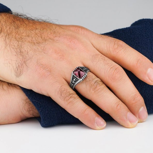 Kırmızı Zirkon Taşlı Denizci Çapa Tasarımlı 925 Ayar Gümüş Yüzük - Resim 2