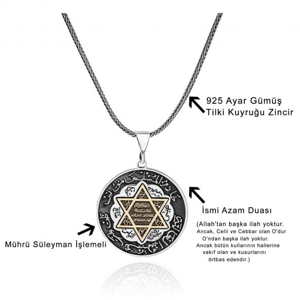 Mührü Süleyman İsmi Azam Dualı 60 cm 925 Gümüş Kolye - 2