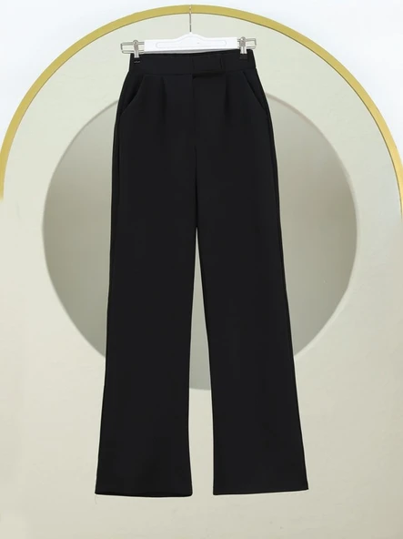 Cırtlı Fermuarlı Palazzo Pantolon -Siyah ürün görseli