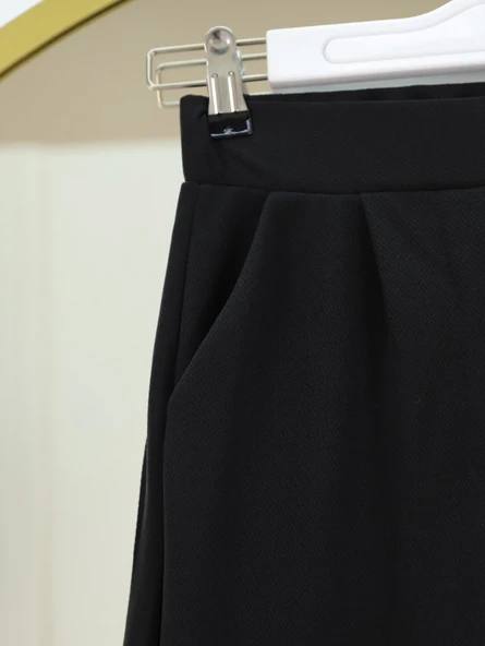 Cırtlı Fermuarlı Palazzo Pantolon -Siyah - Resim 3