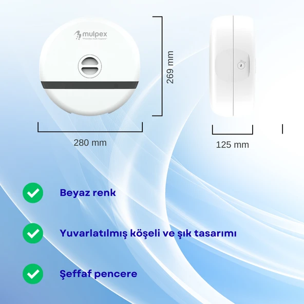 Mulpex Duvara Monte Mini Jumbo Tuvalet Kağıdı Dispenseri / Kağıtlık | Premium ABS Gövde, Anahtarlı Kilit, Vidalı & Yapışkan Montaj – Beyaz - 2