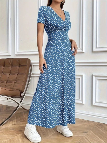 Kadın Kısa Kollu Kruvaze Yakalı çiçek Desenli Süprem Elbise - Resim 2