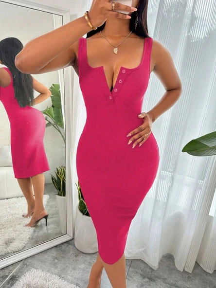 Kadın Askılı önü Düğmeli Midi Kaşkorse Elbise ürün görseli