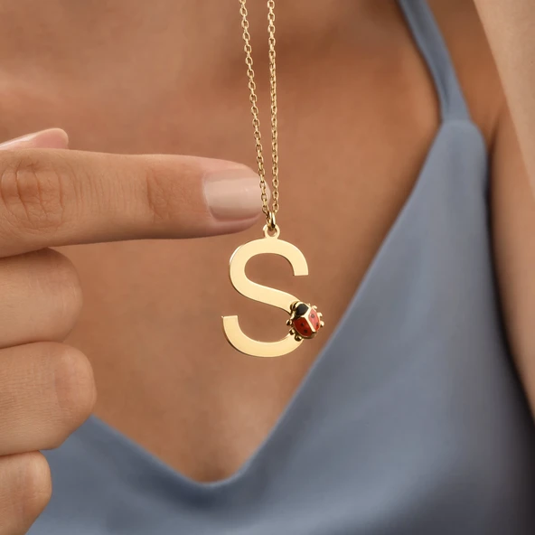 14 Ayar Altın Kaplama Harfli Uğur Böceği  Gümüş Kolye - CNE00133 ürün görseli 1