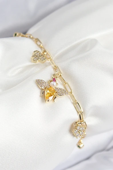 Pirinç Zirkon Taşlı Arı Model Gold Renk Kadın Bileklik ürün görseli 1