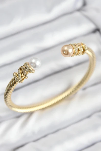 316L Çelik Zirkon Taşlı İnci Model Gold Renk Kadın Bileklik ürün görseli 1