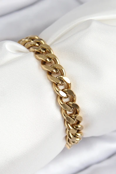 316L Çelik Klasik Kalın Zincir Model Gold Renk Kadın Bileklik ürün görseli