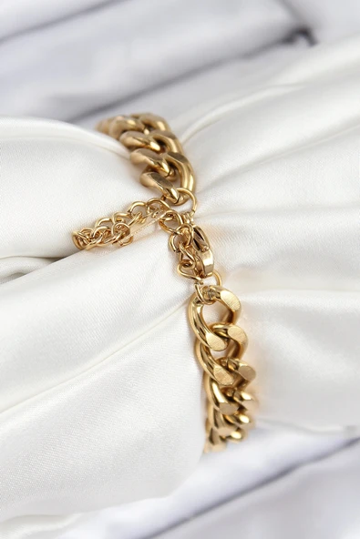 316L Çelik Klasik Kalın Zincir Model Gold Renk Kadın Bileklik - Resim 2