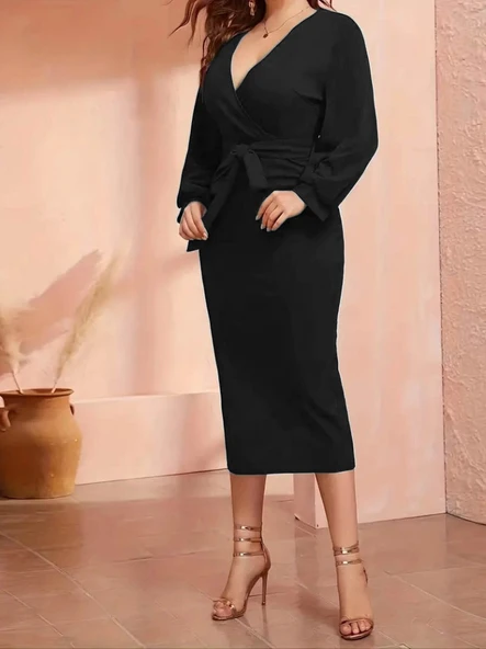 Kadın Uzun Kollu Kruvaze Yaka Belden Kuşaklı Midi Ithal Krep Elbise - Resim 2