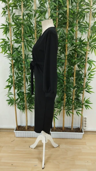 Kadın Uzun Kollu Kruvaze Yaka Belden Kuşaklı Midi Ithal Krep Elbise - Resim 7