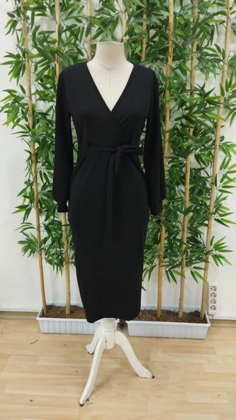 Kadın Uzun Kollu Kruvaze Yaka Belden Kuşaklı Midi Ithal Krep Elbise - Resim 6