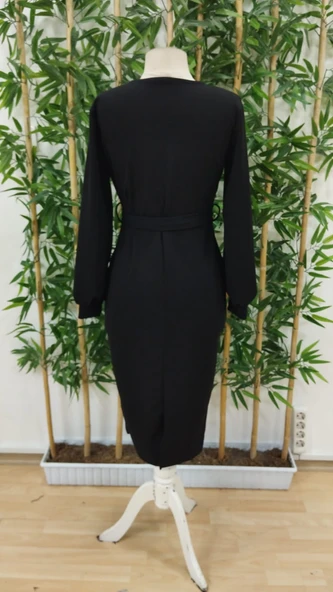 Kadın Uzun Kollu Kruvaze Yaka Belden Kuşaklı Midi Ithal Krep Elbise - Resim 8