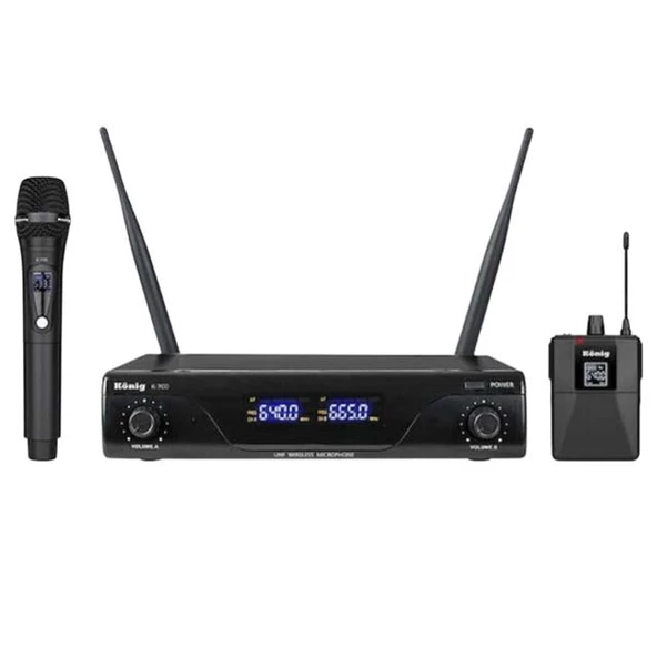 König K-700 E-Y Profesyonel 663-694Mhz 1 El + 1 Yaka 2 Kanal Uhf 2x50 Kablosuz Telsiz Mikrofon