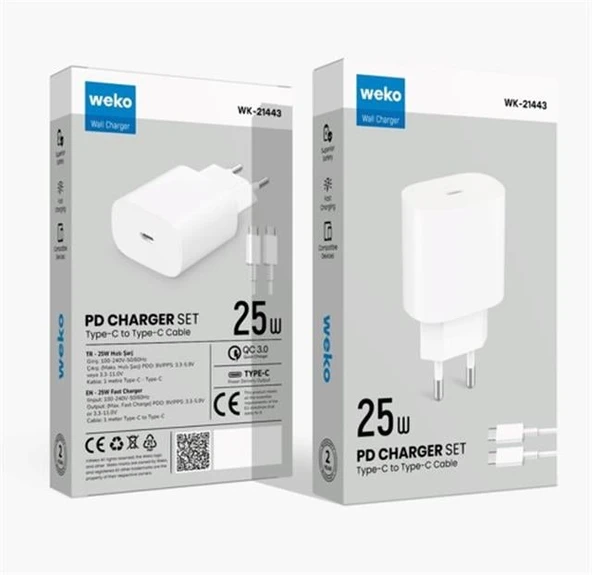 Weko WK-27878 Note10 Beyaz 25 Watt Şarj Başlık Adaptörü + Type-C To Type-C Kablo