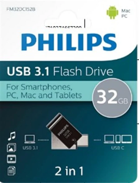 Philips FM32DC152B/00 32Gb 2 IN 1 TYPE-C/USB 3.1 Siyah Gri USB Bellek