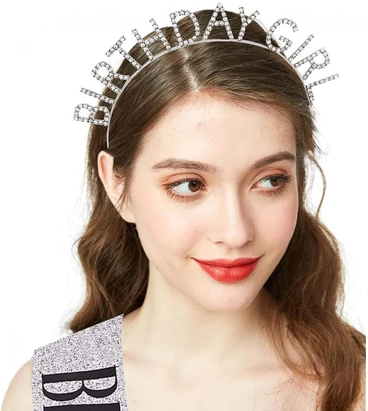 Gümüş Kristal Taşlı Birthday Girl Tacı - Resim 3
