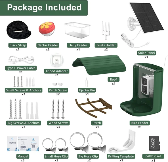 BirdSnap PAV - Akıllı Kuş Yemliği, Güneş Enerjili Kamera 2K HD - Koyu Yeşil - 6