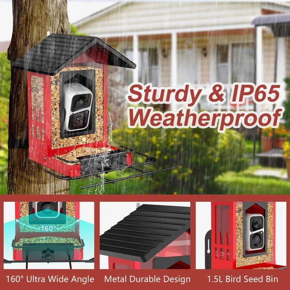 BirdSnap APS - Kameralı Güneş Panelli Metal Kuş Yemliği 2K HD - Kırmızı - 3
