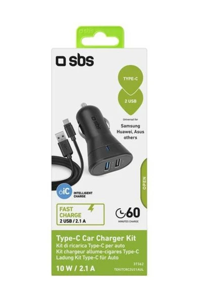 SBS Araç Şarj Cihazı 12/24V 2100 mAh 2 Usb Çıkışı Type C Kablo Siyah TEKITCRC2U21AUL - Resim 2