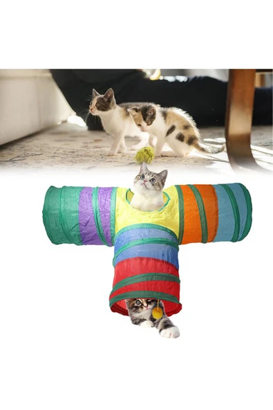 Katlanabilir 3 Yönlü Kedi Oyun Tüneli 80 Cm Gökkuşağı 2112 - 5
