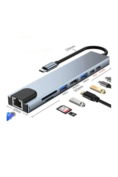 Hietech Çevirici Adaptör Çok Portlu Çoklayıcı Usb Hub 8 In 1 Usb Type-c Usb 2.0/3.0 Audio 3.5 Tf Sd