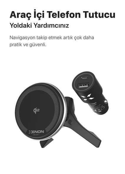 Xenon Smart Araç içi Telefon Tutucu ve Çakmak Adaptörü Qi2 18W Gece Işığı Magsafe Kablosuz Hızlı Şarj X6401 - 5