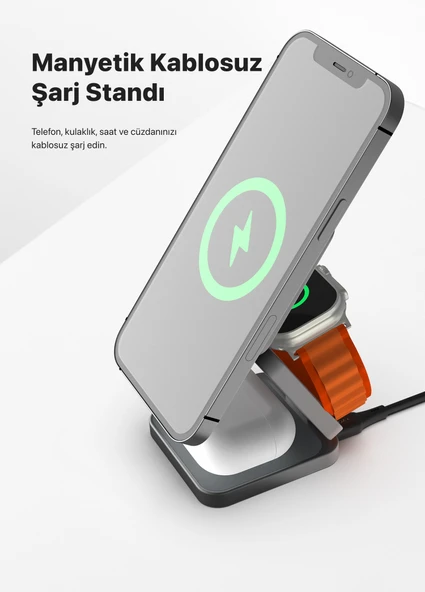 Xenon Smart Kablosuz Şarj Standı Qi2 Hızlı Şarj Iphone Airpods Watch Uyumlu Magsafe 15W Telefon Tutucu X6402 - 2