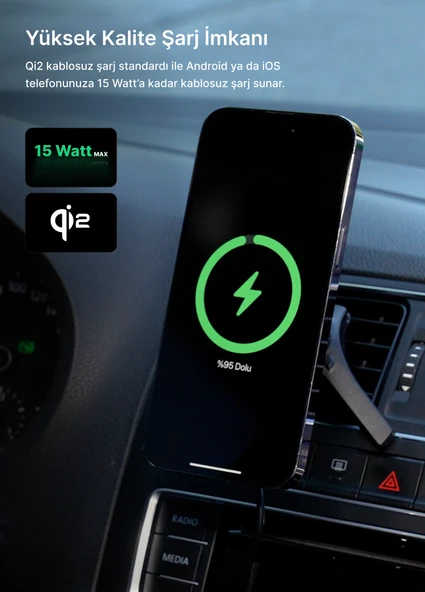 Xenon Smart Araç içi Telefon Tutucu ve Çakmak Adaptörü Qi2 18W Gece Işığı Magsafe Kablosuz Hızlı Şarj X6401 - 2