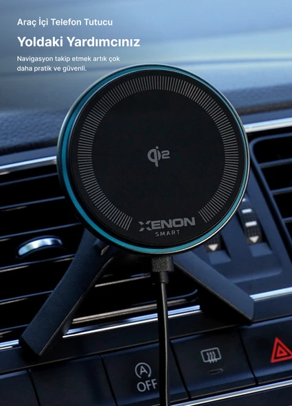 Xenon Smart Araç içi Telefon Tutucu ve Çakmak Adaptörü Qi2 18W Gece Işığı Magsafe Kablosuz Hızlı Şarj X6401 - 4