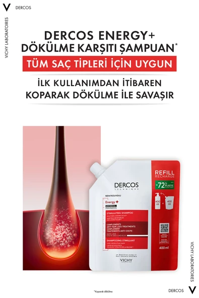 Vichy Dercos Energising Saç Dökülmesine Karşı Şampuan, Yeniden Dolum Paketi 400 ml - 3