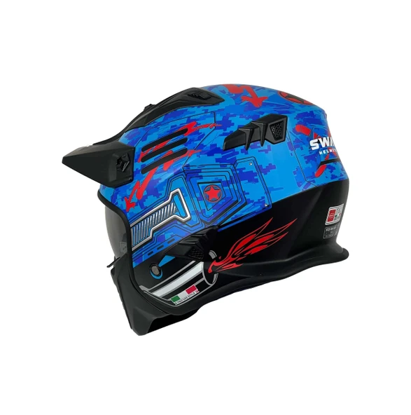 Sway X2 Tokyo Trooper Modüler Full Face Çene Sökülebilen Motosiklet Kaskı L Beden Mavi Kırmızı - Resim 3