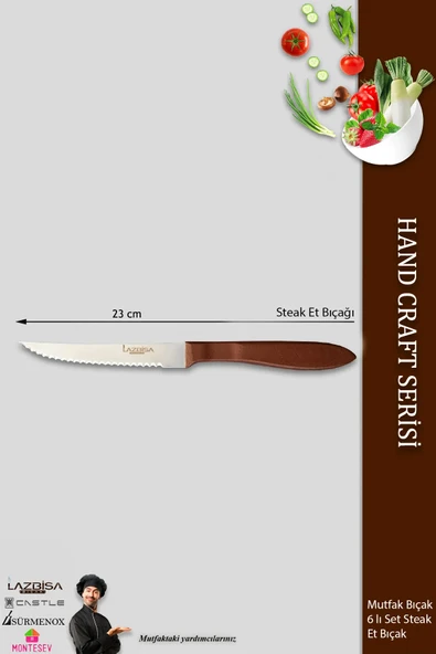 Lazbisa Hand Caft Serisi Steak Mutfak Bıçak Seti 6'lı Steak Et Yemek Bıçağı (MFT-2344) - Resim 2