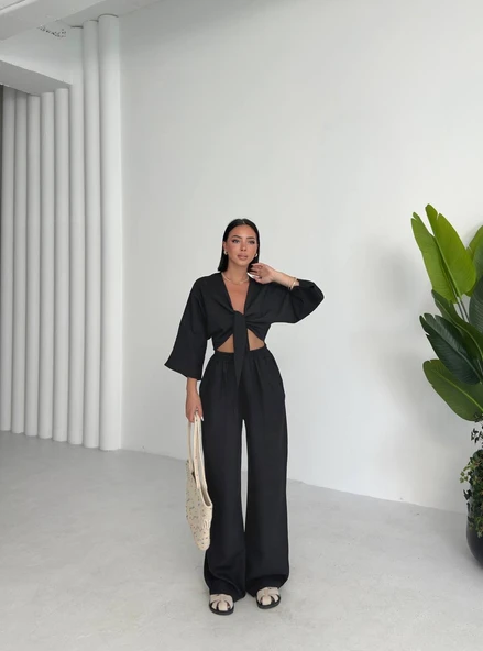 Önden Bağlamalı Keten Takım Rahat Günlük Şık - 4