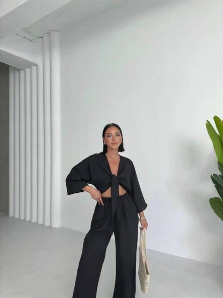 Önden Bağlamalı Keten Takım Rahat Günlük Şık - 3