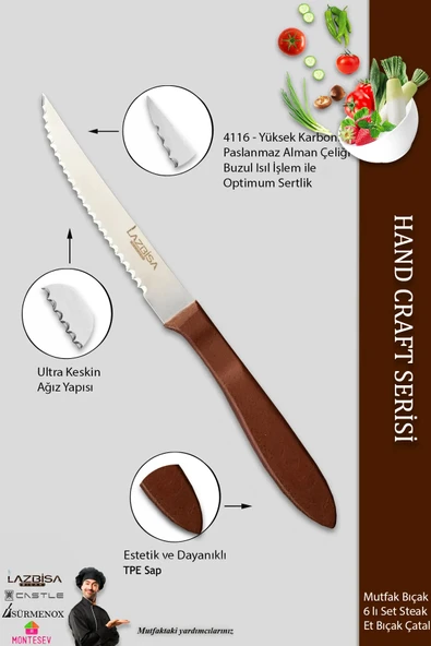 Lazbisa Hand Caft Serisi Steak Mutfak Bıçak Seti 6'lı Steak Et Yemek Bıçağı (MFT-2344) - Resim 3