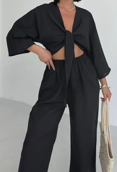 Önden Bağlamalı Keten Takım Rahat Günlük Şık - 2