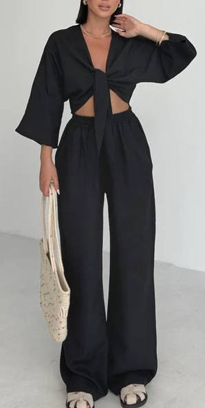 Önden Bağlamalı Keten Takım Rahat Günlük Şık