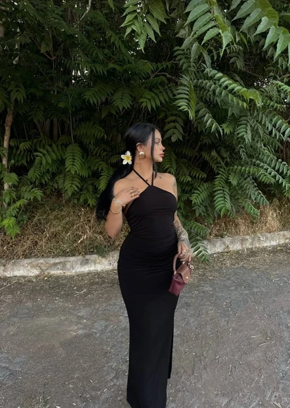 BOYUNDAN BAĞLAMALI YIRTMAÇ DETAYLI ELBİSE YEŞİL ASTARLI - 4