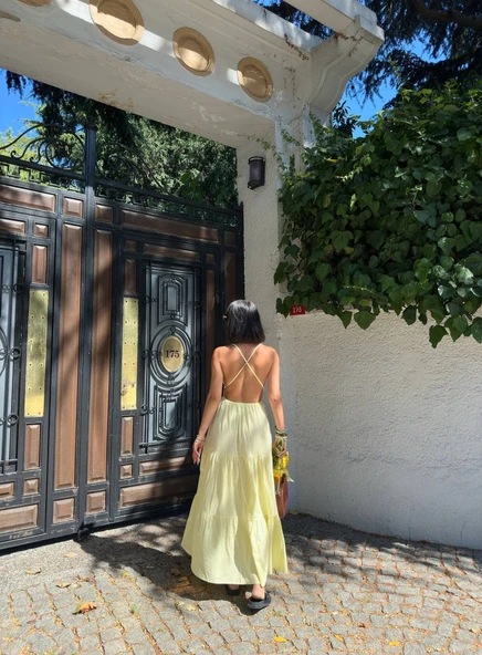 Askılı Dökümlü Şık Midi Elbise Günlük Keten - 5