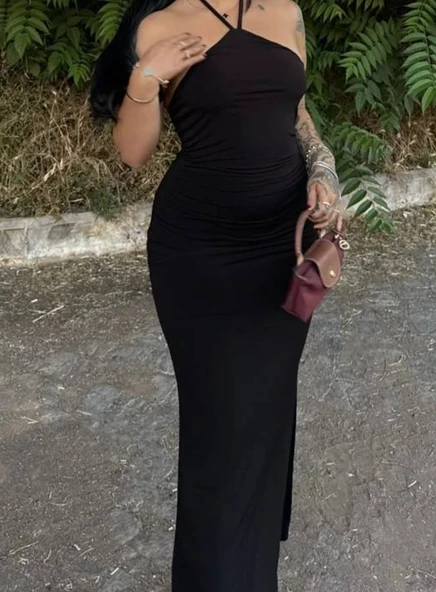 BOYUNDAN BAĞLAMALI YIRTMAÇ DETAYLI ELBİSE YEŞİL ASTARLI - 7