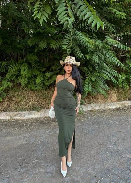 BOYUNDAN BAĞLAMALI YIRTMAÇ DETAYLI ELBİSE YEŞİL ASTARLI - 3