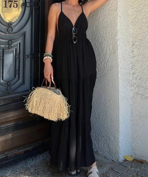 Askılı Dökümlü Şık Midi Elbise Günlük Keten