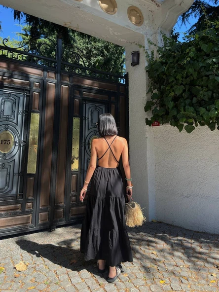 Askılı Dökümlü Şık Midi Elbise Günlük Keten - 3