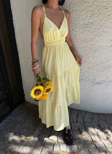 Askılı Dökümlü Şık Midi Elbise Günlük Keten - 6