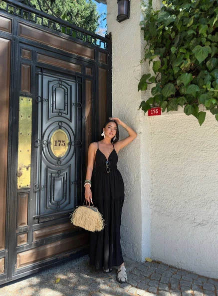 Askılı Dökümlü Şık Midi Elbise Günlük Keten - 2