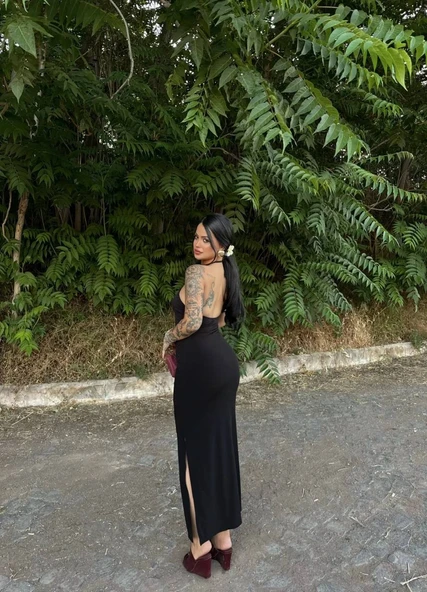 BOYUNDAN BAĞLAMALI YIRTMAÇ DETAYLI ELBİSE YEŞİL ASTARLI - 5